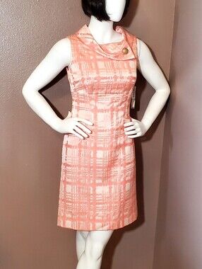 NWT TAHARI Arthur S Levine Coral Plaid Jacquard Wiggle Dress Size 8